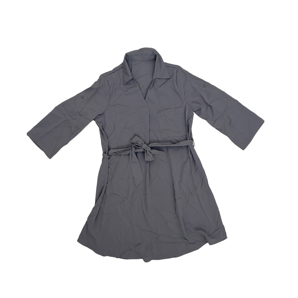 Halara Gray V-Neck Belted Shirt‎ Dress 3/4 Roll Tab Sleeve Mini XS